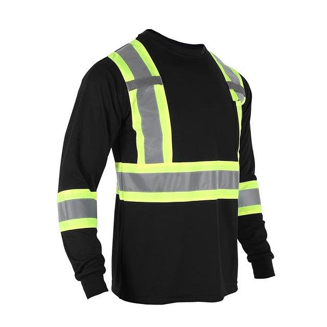 ANSI Hi Vis Class 1 Black Breathable 70% Polyester Cotton Blended Long Sleeve Reflective Safety Shirt