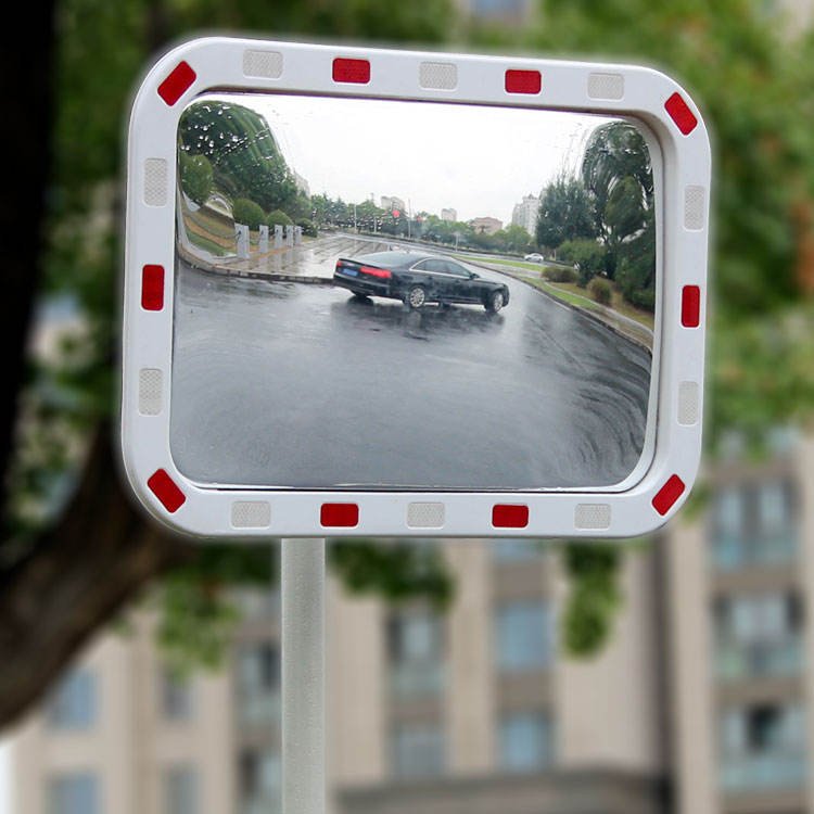 Wide View Convex Mirror with Red/White Reflective Border, Easy Pole Mounting