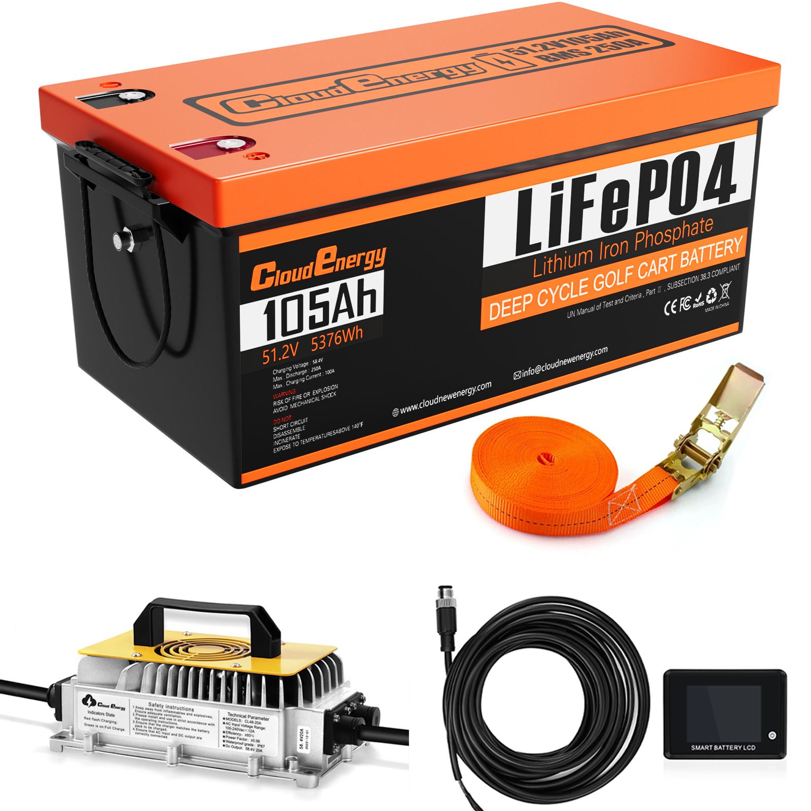 Cloudenergy 48V(51.2V) 105Ah LiFePO4 Lithium Golf Cart Battery Built-in 250A BMS,with Mobile APP(GFA48V-105AH With Charger)