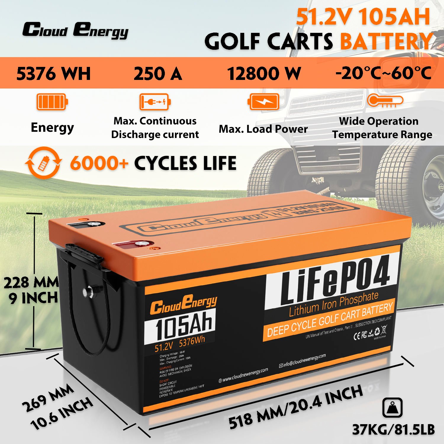 Cloudenergy 48V(51.2V) 105Ah LiFePO4 Lithium Golf Cart Battery Built-in 250A BMS,with Mobile APP(GFA48V-105AH With Charger)