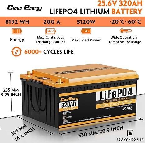 Cloudenergy 24V(25.6V) 320Ah Marine Enginse Deep Cycle LiFePO4 Self-heating Battery with 200A BMS for Truck,marine engines
