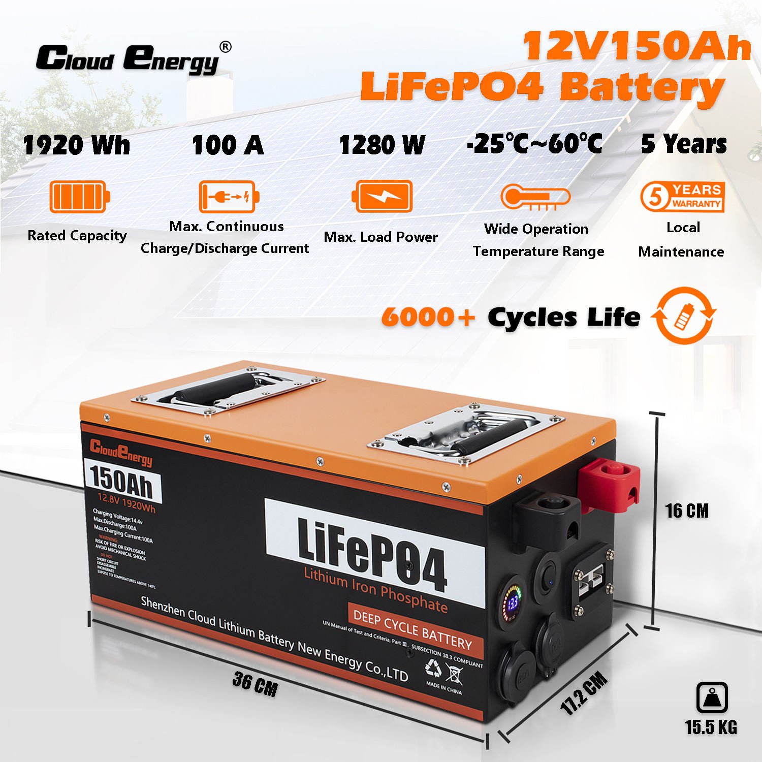 LiFePO4 Deep Cycle Battery 12V 150Ah with Built-in 100A BMS, Perfect for RV, Solar, Marine