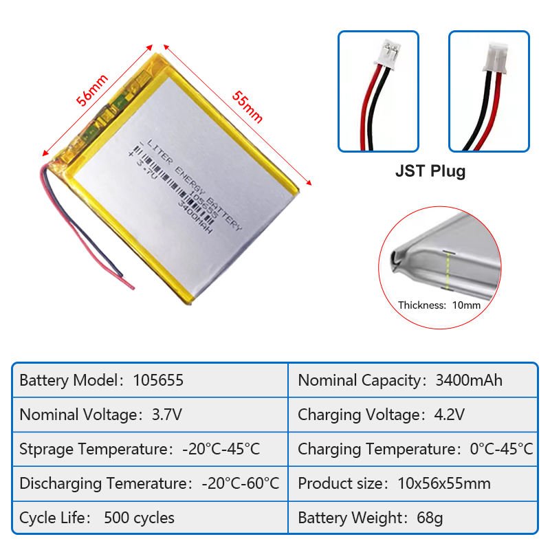 105655 Rechargeable Solid State Battery 3.7V 3400mAh NCM Lithium Polymer Solar Energy Storage Pouch Cells CE/FCC Certified