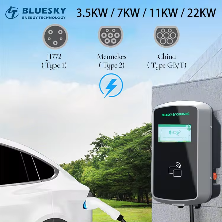 BLUESKY 220V Type 2 7kW CE/RoHS Certified Electric Vehicle Smart Home Commercial Use Charging Station 32Amp Wall-mounted 5m