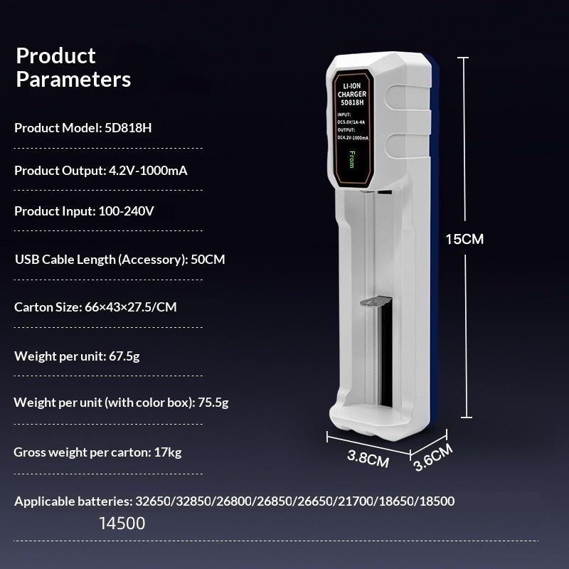 26800 Smart Charger 32650 32850 26650 18650 Lithium Battery USB Single Slot 4.2V DC 5.0 Input Model 5D818H LED Illumination