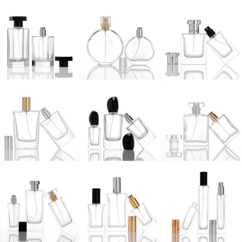 Custom Design 50ml Empty Glass Perfume Bottle Luxury Flat Pump Spray Gold Cap Fragrance Refillable Bottle