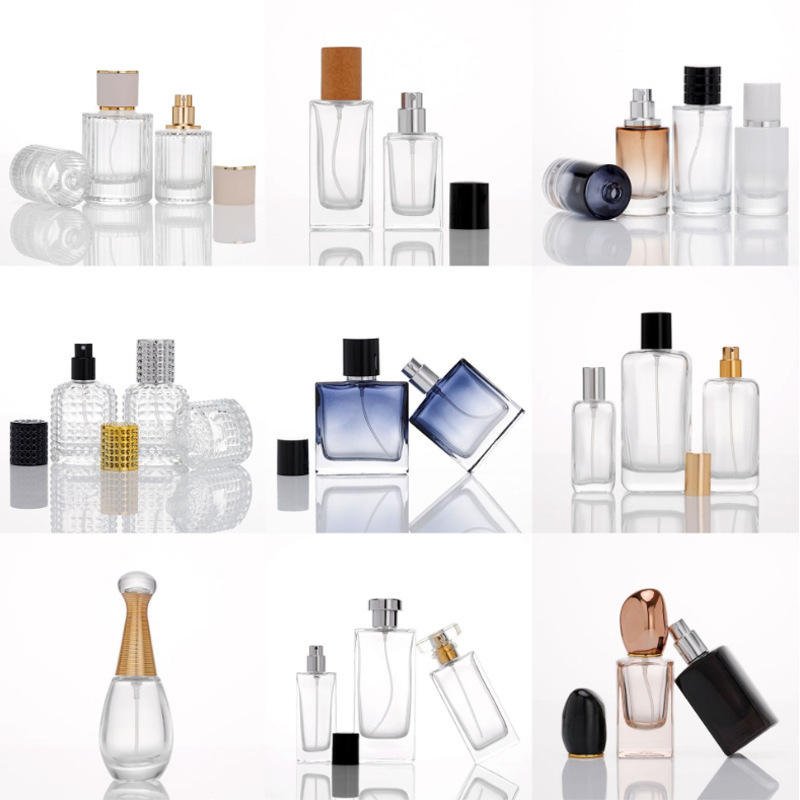 Custom Design 50ml Empty Glass Perfume Bottle Luxury Flat Pump Spray Gold Cap Fragrance Refillable Bottle