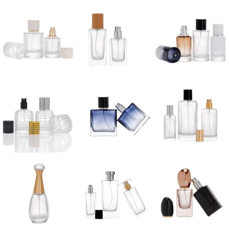 Custom Design 50ml Empty Glass Perfume Bottle Luxury Flat Pump Spray Gold Cap Fragrance Refillable Bottle