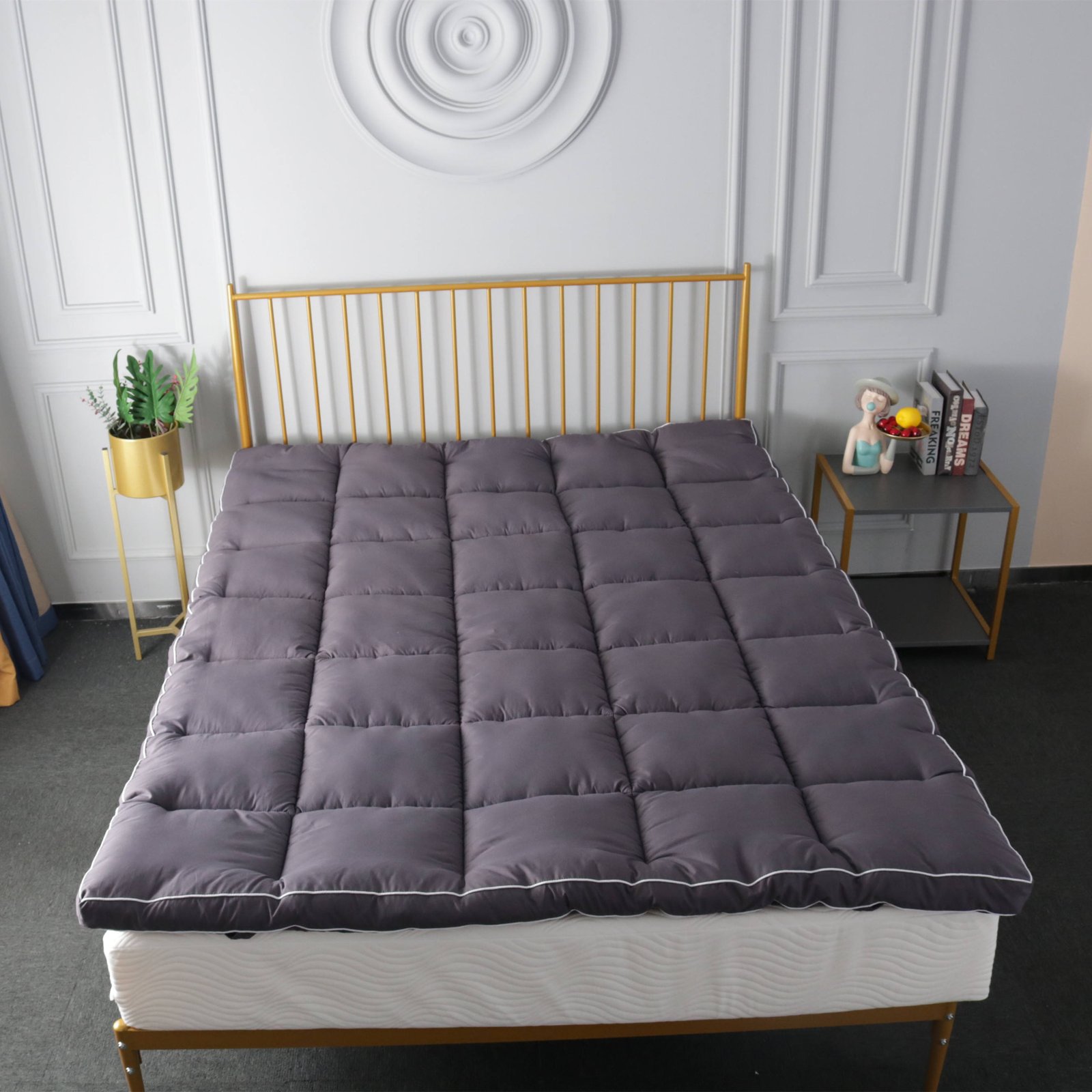 JUMIAO Dark Grey Ultra Soft Twin Bed Protection Pad 4-Sided Elastic Non-Slip Waterproof Anti-Dust Mite Air-Permeable Quilted