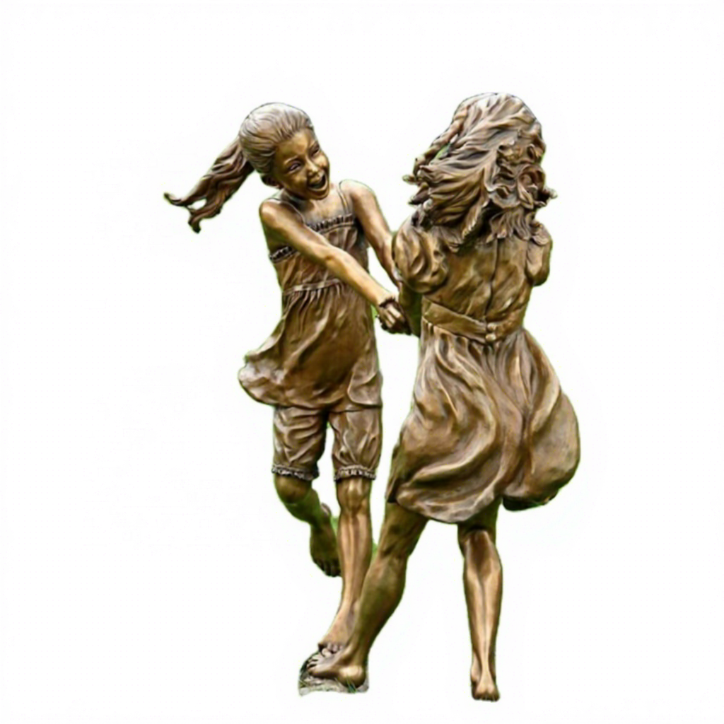 Outdoor Decorative Life Size Brass Antique Imitation Polished Happy 2 Girls Runaround Garden Statue Sculpture