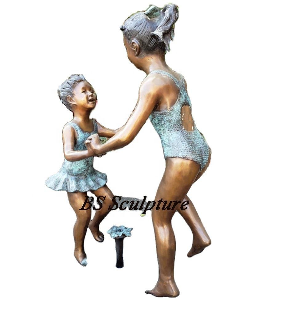 Outdoor Decorative Life Size Brass Antique Imitation Polished Happy 2 Girls Runaround Garden Statue Sculpture