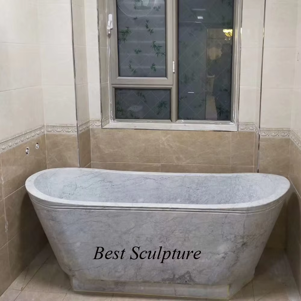 White Carrara Marble Freestanding Modern Soaking Bathtub with Luxurious Design for Hotel Use