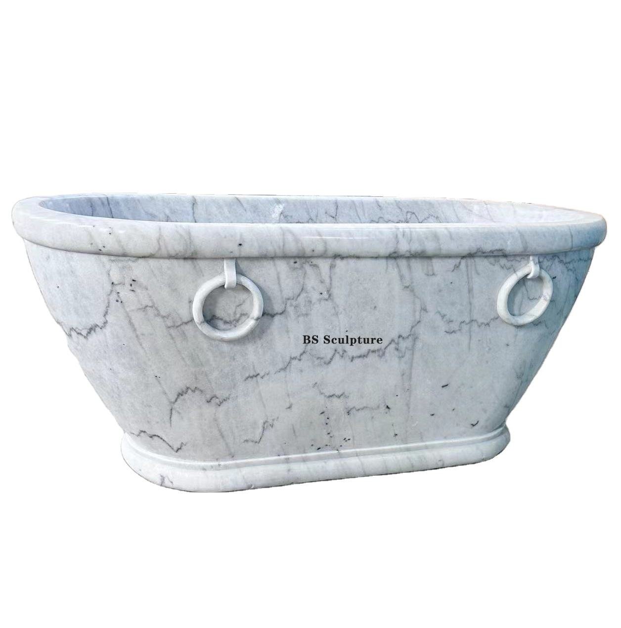 White Carrara Marble Freestanding Modern Soaking Bathtub with Luxurious Design for Hotel Use