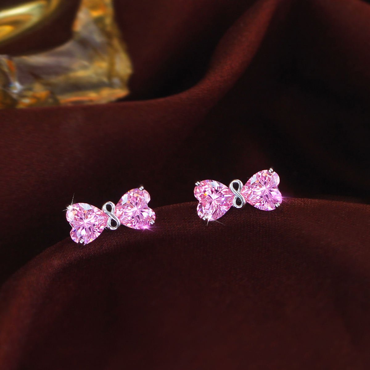 Romantic Women Ear Stud Hypoallergenic Jewelry 925 Sterling Silvery Cute Delicate Knot Pink Heart CZ Stud Earring Ladies Jewelry