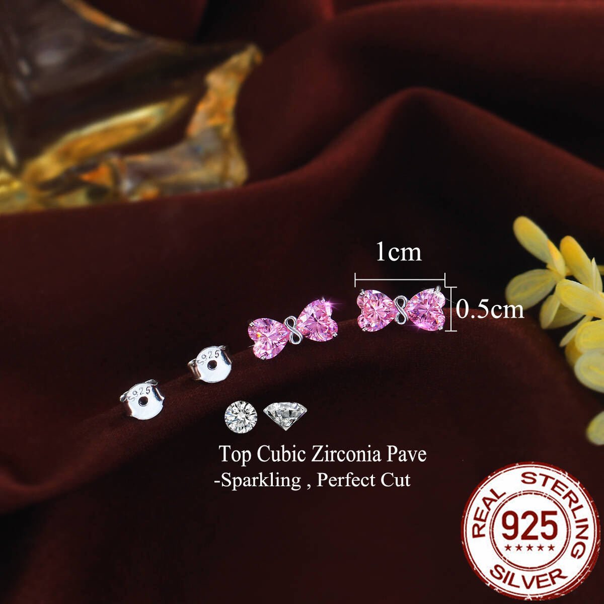 Romantic Women Ear Stud Hypoallergenic Jewelry 925 Sterling Silvery Cute Delicate Knot Pink Heart CZ Stud Earring Ladies Jewelry