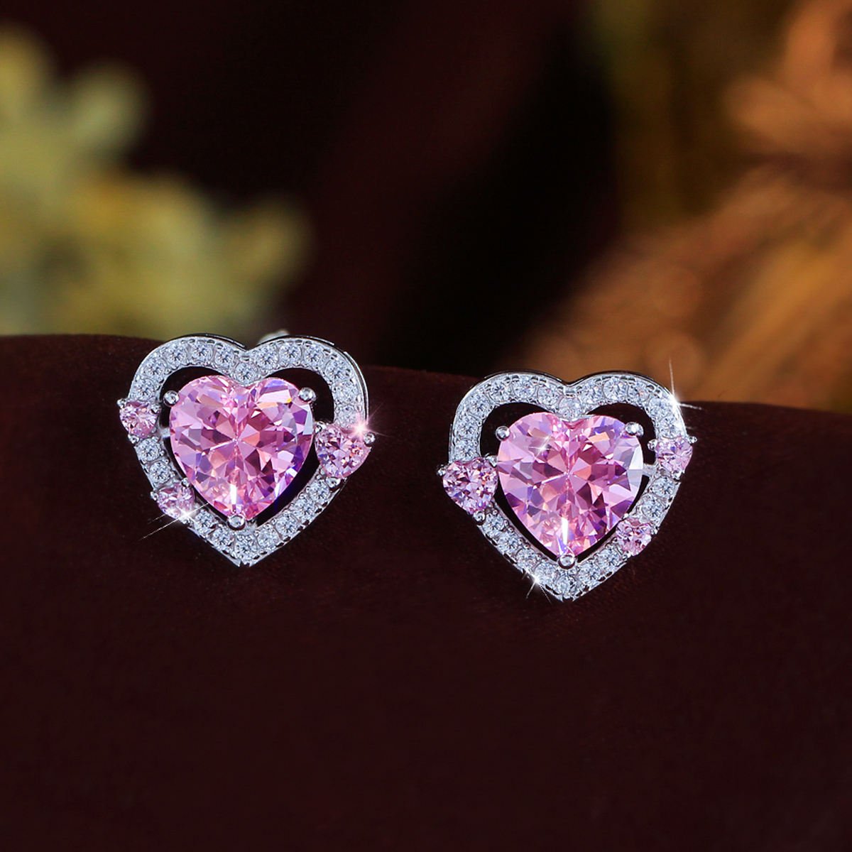 Solid 925 Sterling Silver Pink CZ Love Heart Stud Earrings Cubic Zircon Stud Earrings for Women Rhodium Plated Zircon Jewelry
