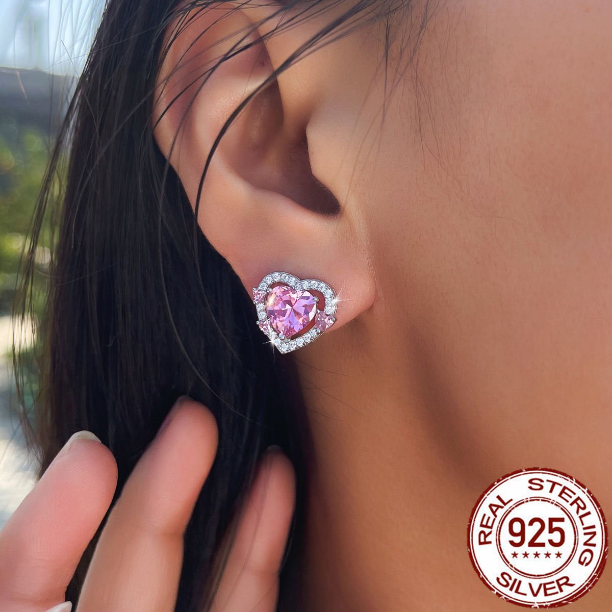 Solid 925 Sterling Silver Pink CZ Love Heart Stud Earrings Cubic Zircon Stud Earrings for Women Rhodium Plated Zircon Jewelry