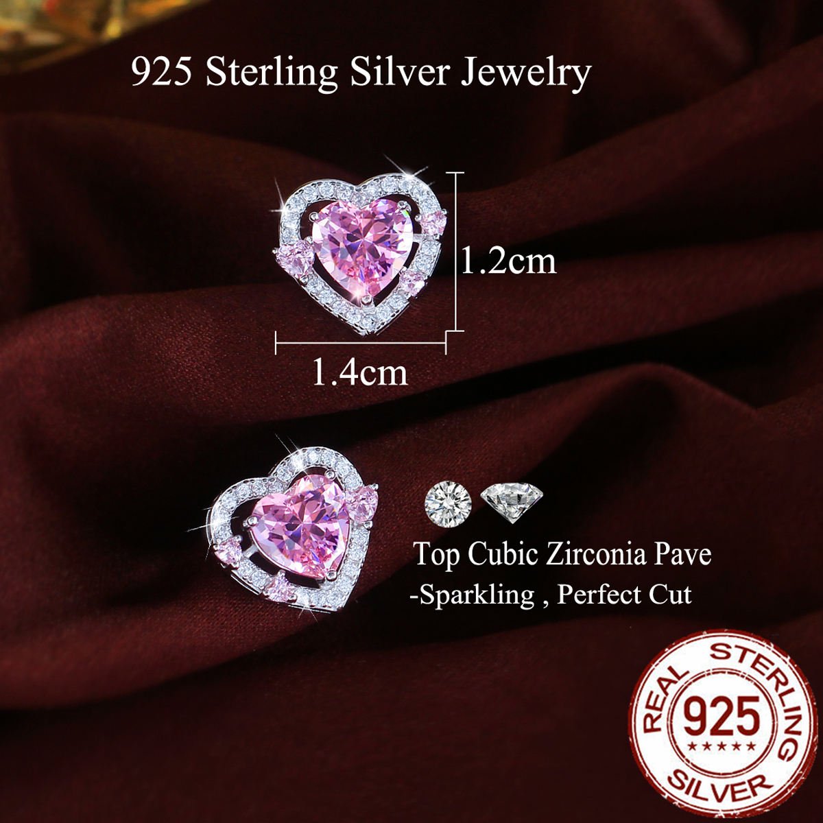Solid 925 Sterling Silver Pink CZ Love Heart Stud Earrings Cubic Zircon Stud Earrings for Women Rhodium Plated Zircon Jewelry