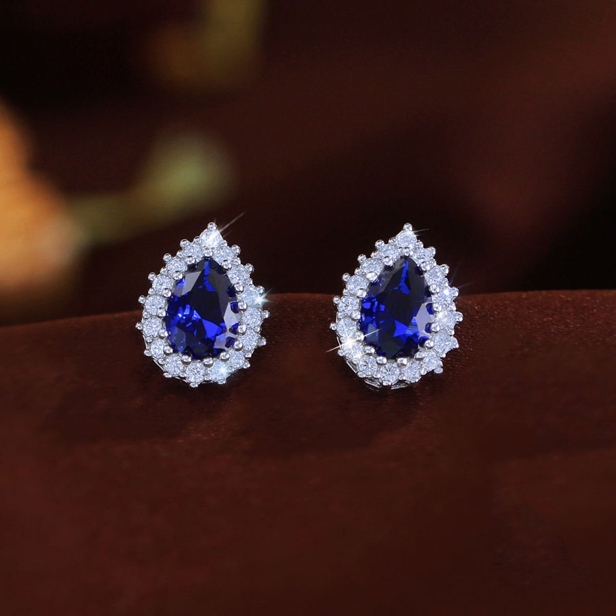 Royal Blue Drop Zircon Stud Earrings Rhodium Plated Stud Earrings for Lady Daily Wear Birthday Gifts 925 Sterling Silver Jewelry