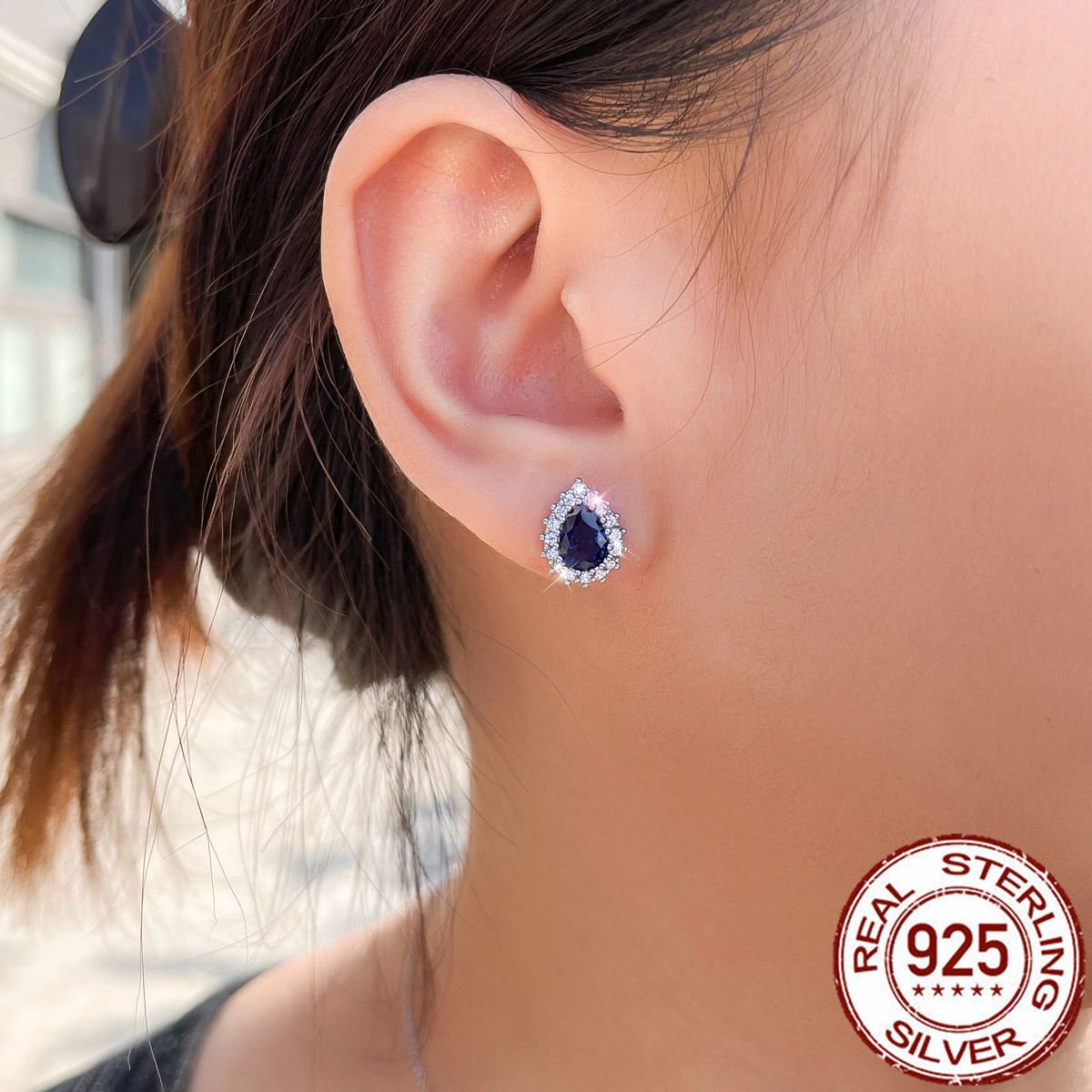 Royal Blue Drop Zircon Stud Earrings Rhodium Plated Stud Earrings for Lady Daily Wear Birthday Gifts 925 Sterling Silver Jewelry