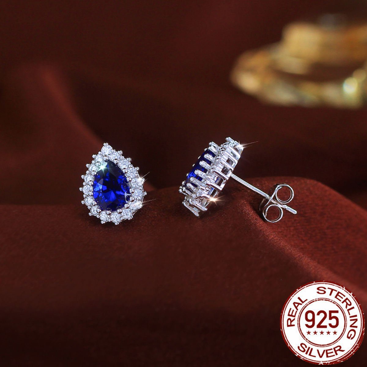 Royal Blue Drop Zircon Stud Earrings Rhodium Plated Stud Earrings for Lady Daily Wear Birthday Gifts 925 Sterling Silver Jewelry