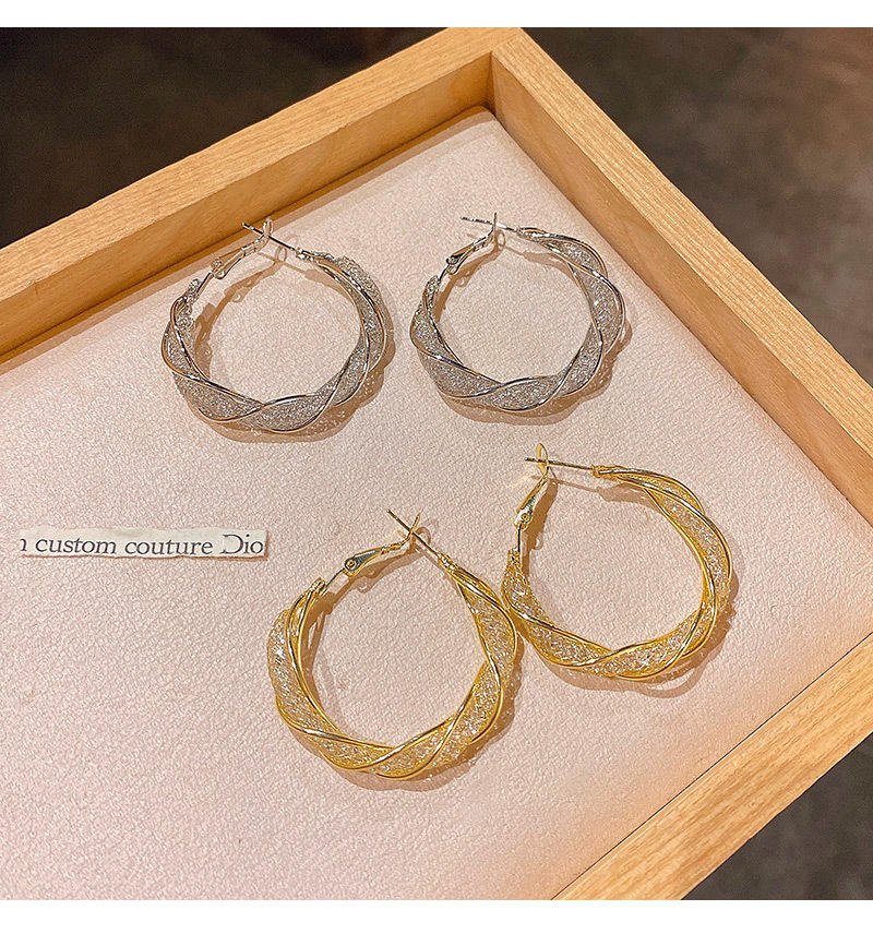 New Trendy Gold Plated Mesh Clip on Earrings Women's Irregular Silver Post Crystal Big Hoop Earrings
