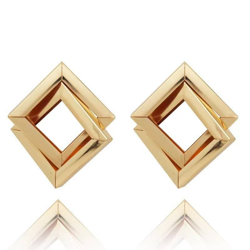 European and American Exaggerated Earrings Gold Plated Metal Geometric Double Square Stud Earrings for Women