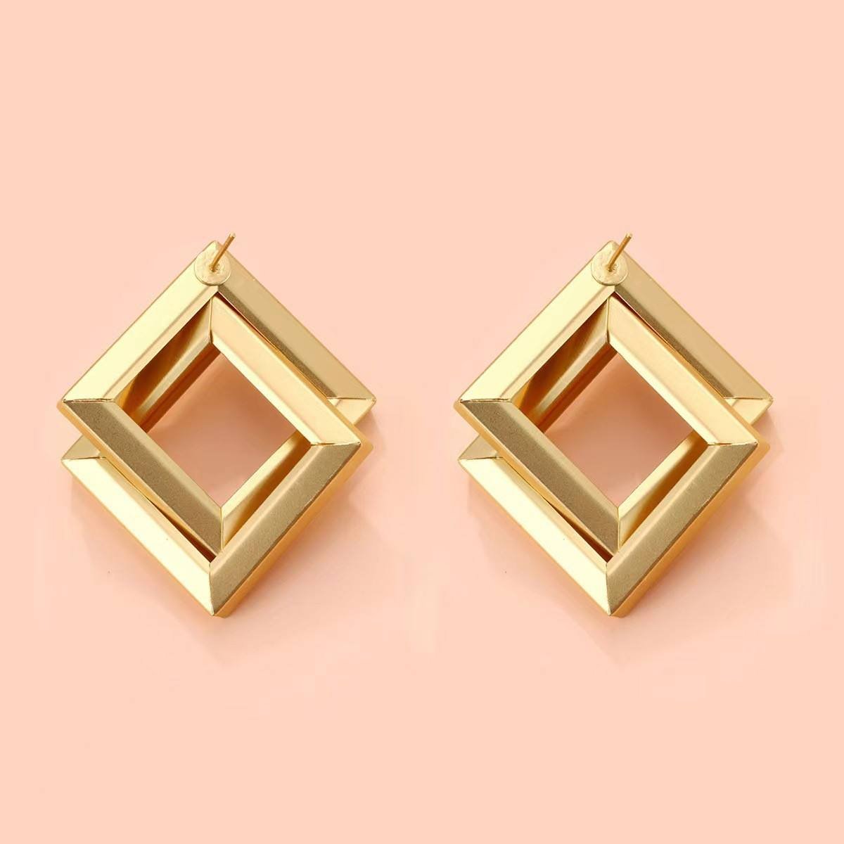 European and American Exaggerated Earrings Gold Plated Metal Geometric Double Square Stud Earrings for Women