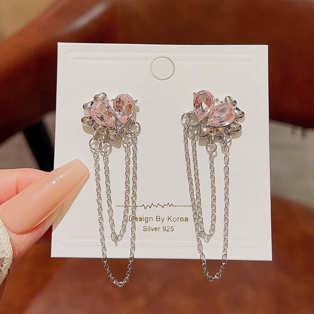 Fashionable Women's Drop Earrings Trendy Sweet Pink Heart Water Drop Earrings Creative Chain Tassel Earrings