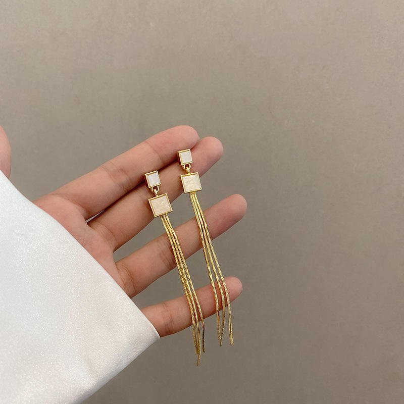 Temperament Retro Square Earrings Long Tassel Threader Dangle Drop Earrings for Women Teen Girls