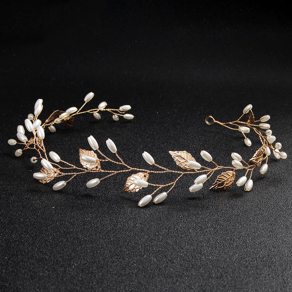 Alloy Leaf Pearls Headband Crown Wedding Hair Vine Jewelry Accessories Headpieces Tiaras for Women