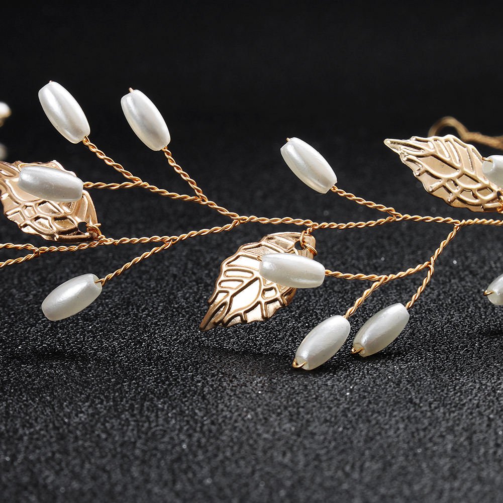 Alloy Leaf Pearls Headband Crown Wedding Hair Vine Jewelry Accessories Headpieces Tiaras for Women