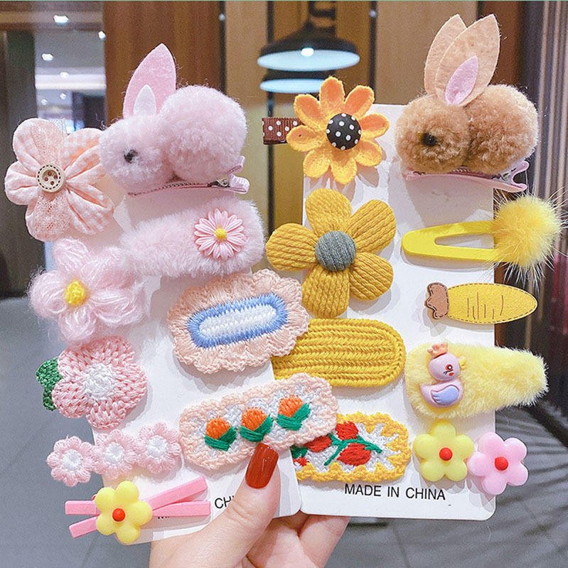 Korean 9pcs/Set Cartoon Hair Clip Princess Sweet Rabbit Bow Hairgrips Set Baby Hair Decoration Hairpin Clip KNIT Material