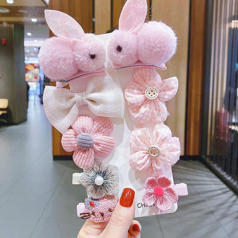 Korean 9pcs/Set Cartoon Hair Clip Princess Sweet Rabbit Bow Hairgrips Set Baby Hair Decoration Hairpin Clip KNIT Material