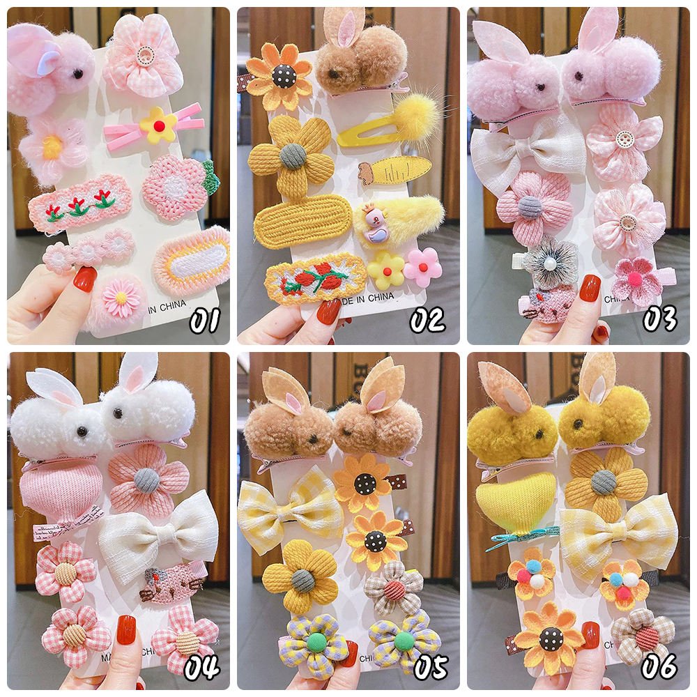 Korean 9pcs/Set Cartoon Hair Clip Princess Sweet Rabbit Bow Hairgrips Set Baby Hair Decoration Hairpin Clip KNIT Material
