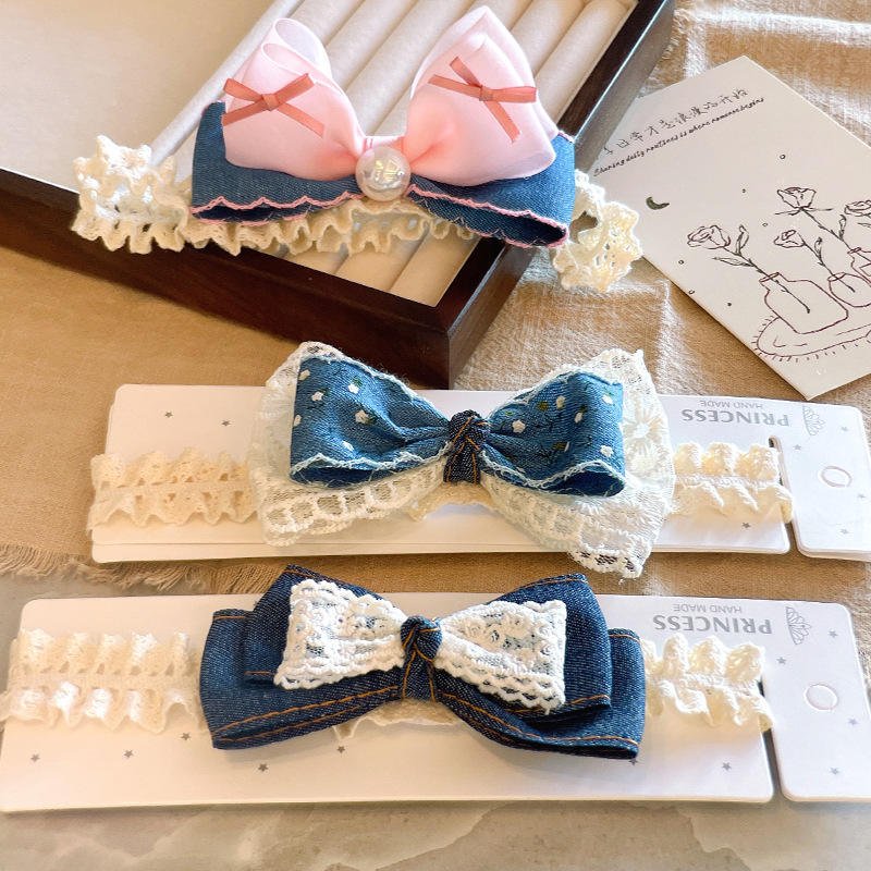 Kids Ethereal Lace Trimmed Infant Headwrap Vintage Style 3D Denim Bow Headband for Girls