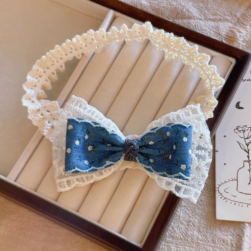 Kids Ethereal Lace Trimmed Infant Headwrap Vintage Style 3D Denim Bow Headband for Girls