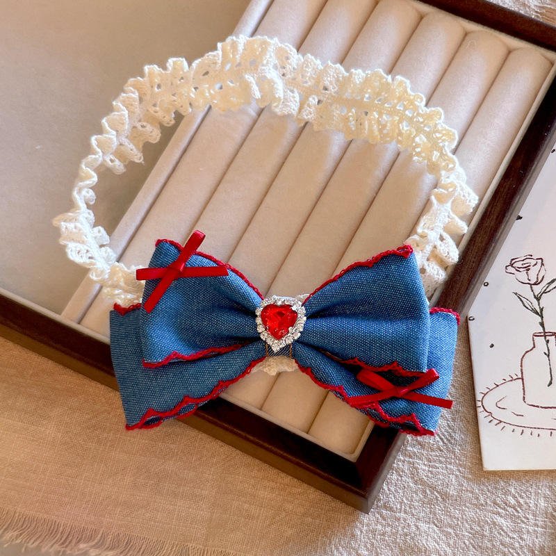 Kids Ethereal Lace Trimmed Infant Headwrap Vintage Style 3D Denim Bow Headband for Girls