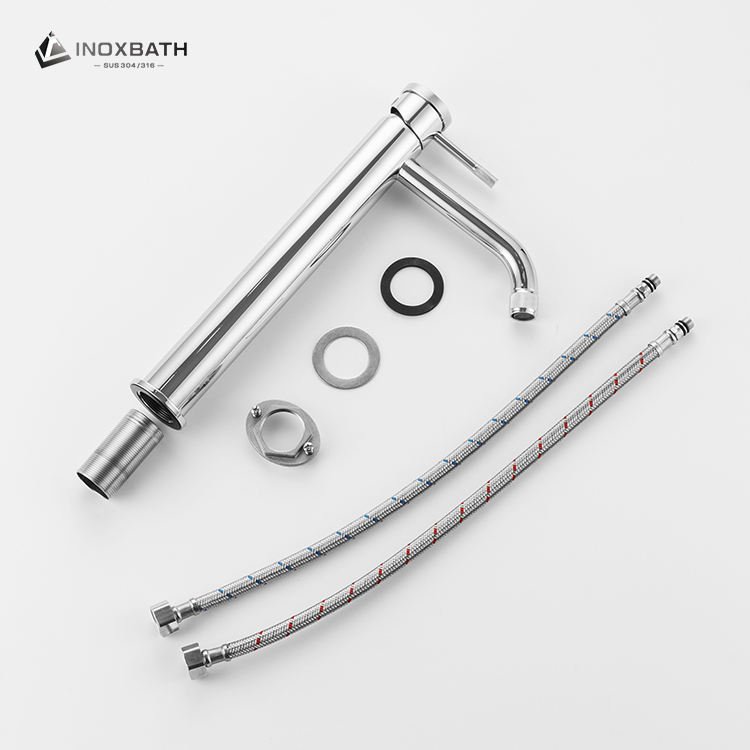 Chrome One Hole High Bathroom Vessel Sink Faucet Kurnling Single Hole Single Handle SUS304 Basin Tap with Water Supply Line