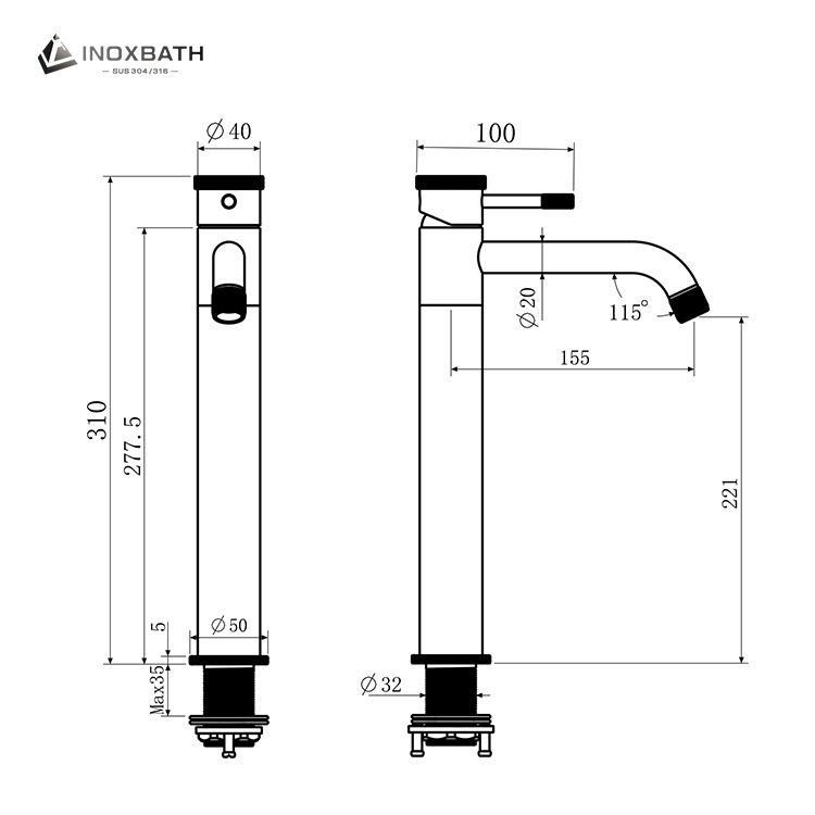 Chrome One Hole High Bathroom Vessel Sink Faucet Kurnling Single Hole Single Handle SUS304 Basin Tap with Water Supply Line