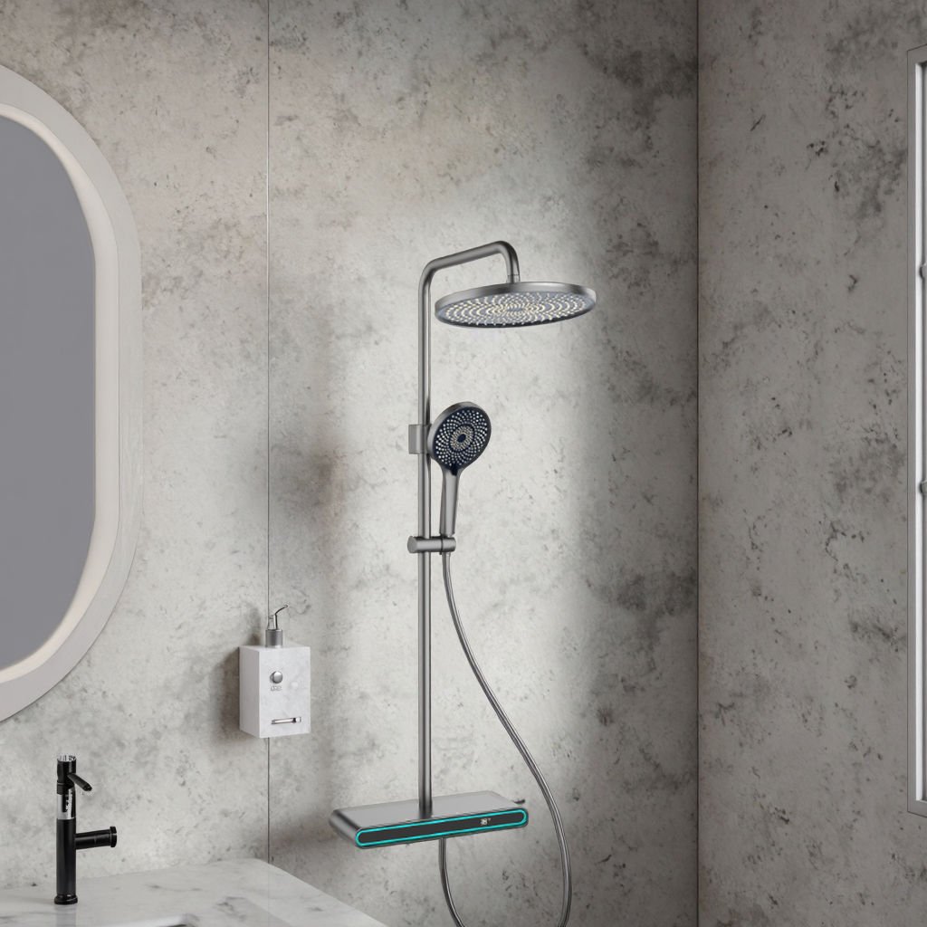 Luxury Digital Thermostatic Brass Rainfall Shower System Soft Slide Bar LED Display Modern Bathroom Shower Column Set Gunmetal