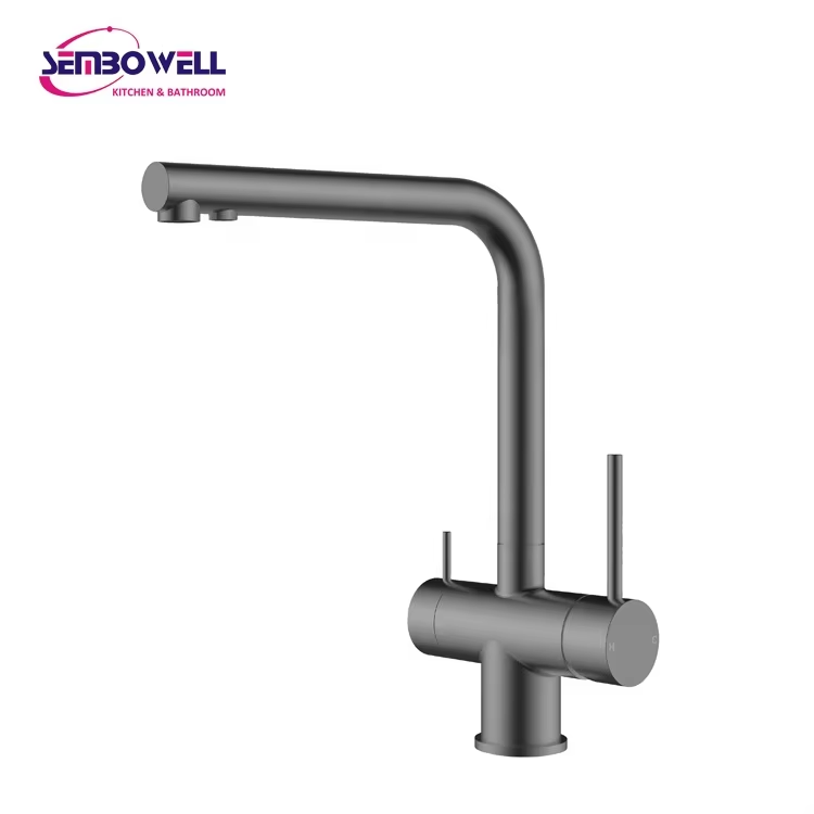 Sembowell Factory Supply Matte Black Finish Deck Mounted 3 Way Stainless Steel Kitchen Faucet With Dual Handle Water Filter Tap