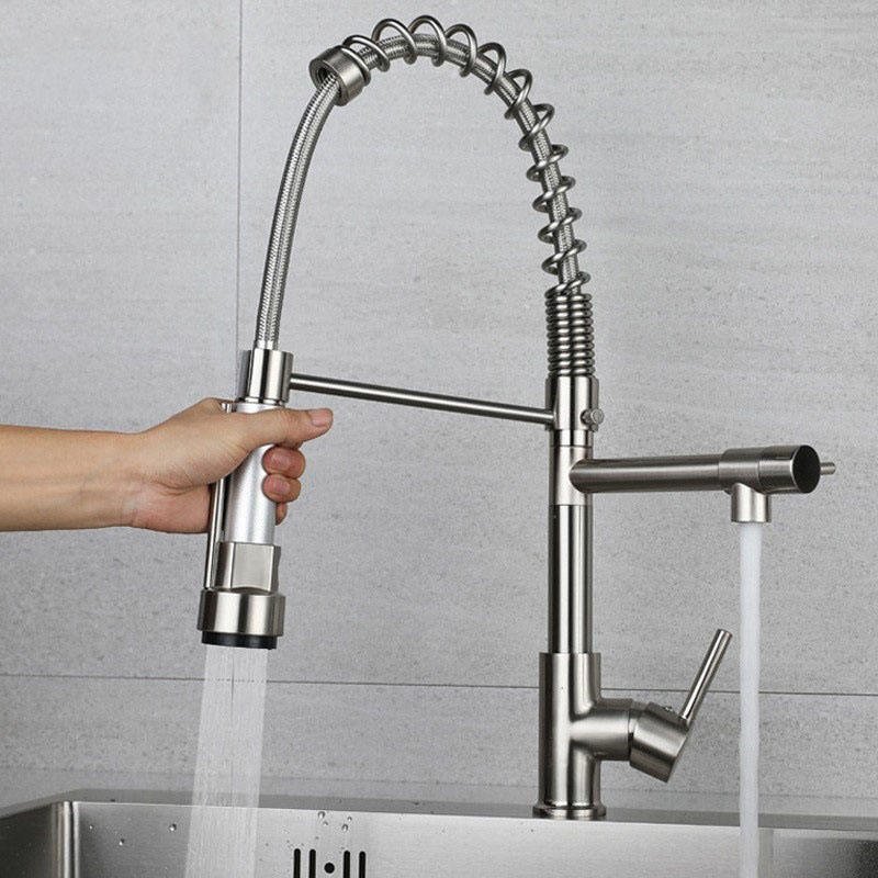 Wholesale Deck Mounted Kitchen Sink Mixer Sliver Faucet Hot Sale Black Spring Water Taps with Pull Out Sprayer Kitchen Faucets