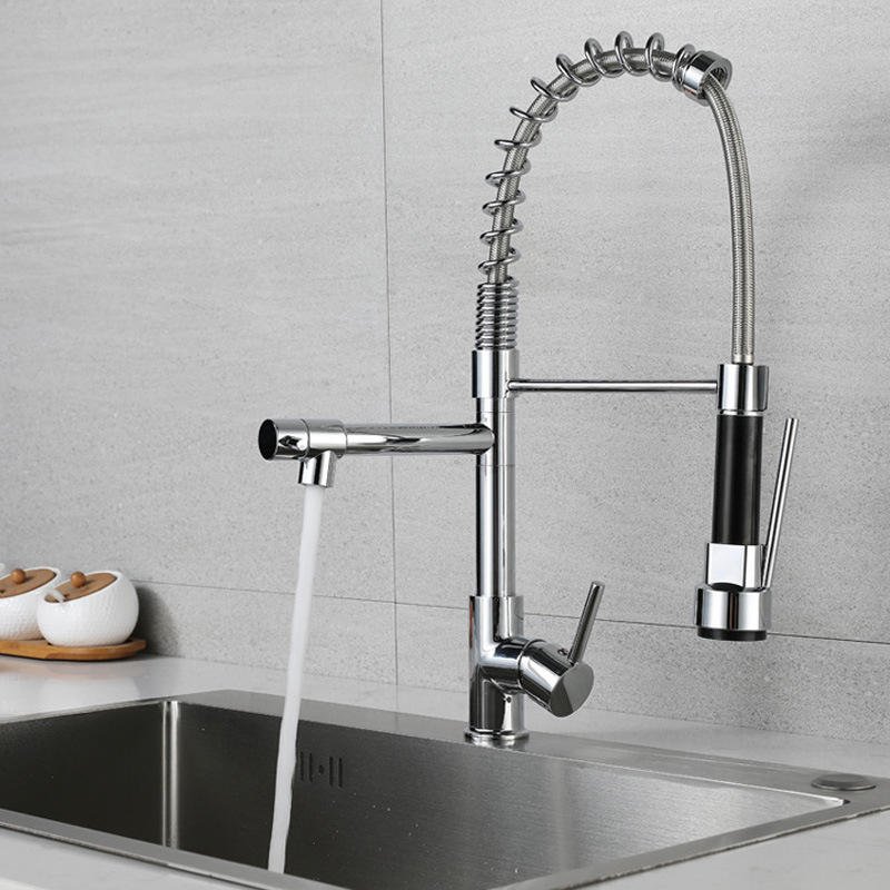 Wholesale Deck Mounted Kitchen Sink Mixer Sliver Faucet Hot Sale Black Spring Water Taps with Pull Out Sprayer Kitchen Faucets