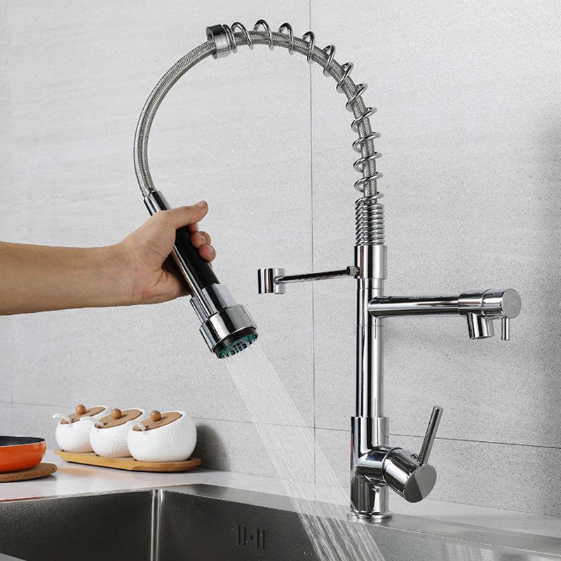 Wholesale Deck Mounted Kitchen Sink Mixer Sliver Faucet Hot Sale Black Spring Water Taps with Pull Out Sprayer Kitchen Faucets