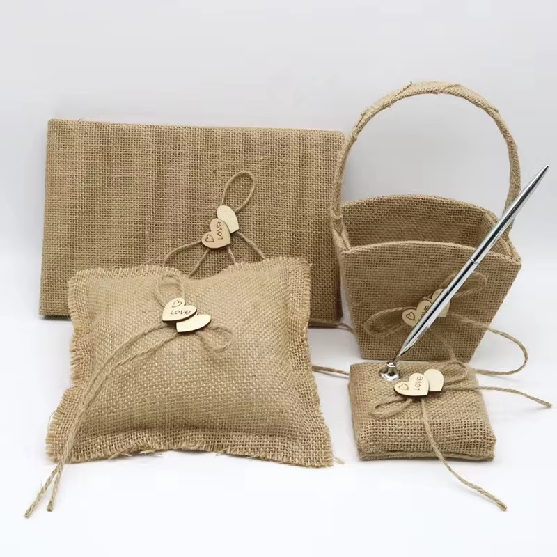 Wholesale Price Vintage Jute Burlap Wedding Flower Basket Custom Rustic Jute Burlap Wedding Pillow for Wedding Party Decorations