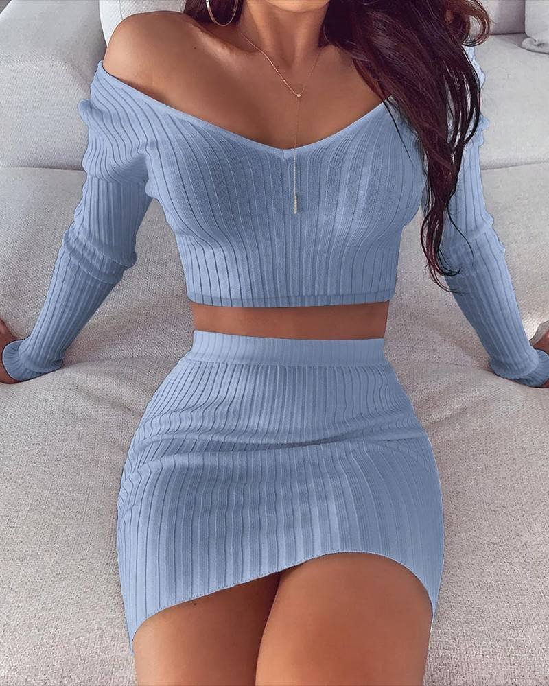 2 Piece Set Women Knitted Suit Long Sleeve Shoulder Two Piece Set Crop Top and Skirt V Neck Female Outfits Ladies Party Dress