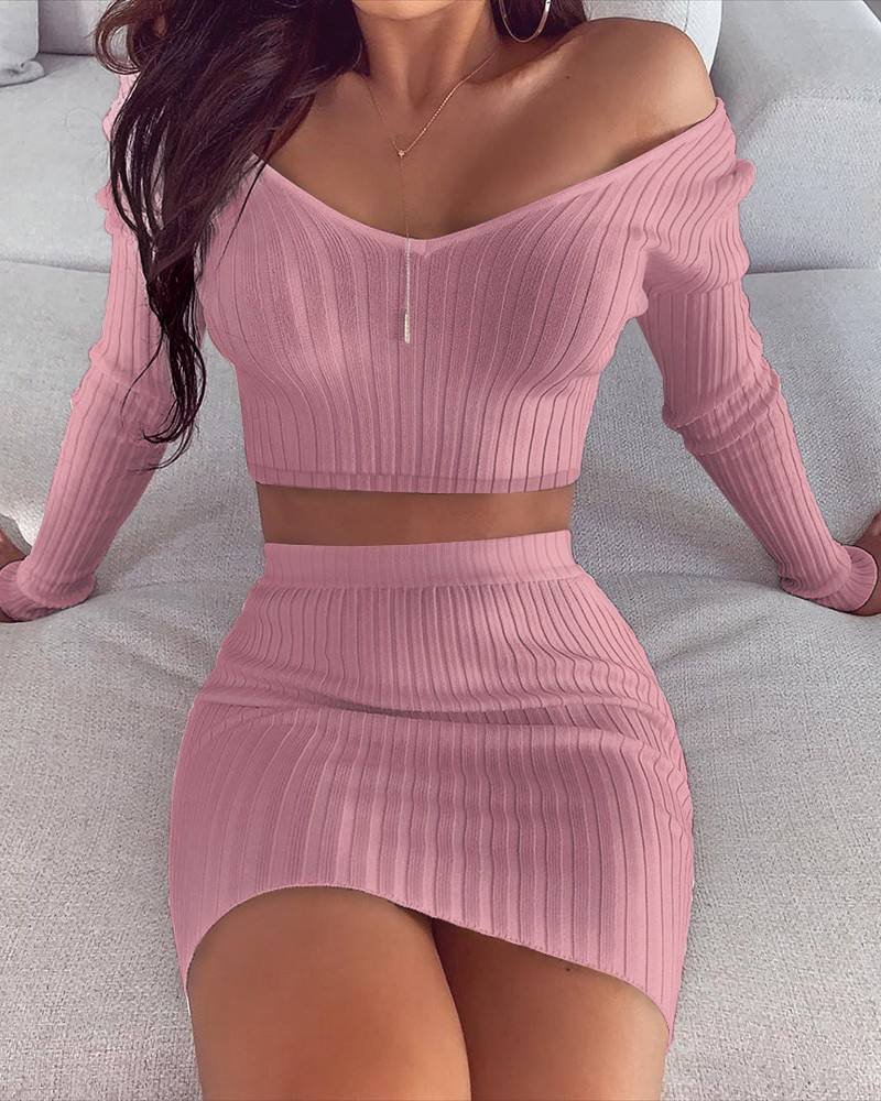 2 Piece Set Women Knitted Suit Long Sleeve Shoulder Two Piece Set Crop Top and Skirt V Neck Female Outfits Ladies Party Dress