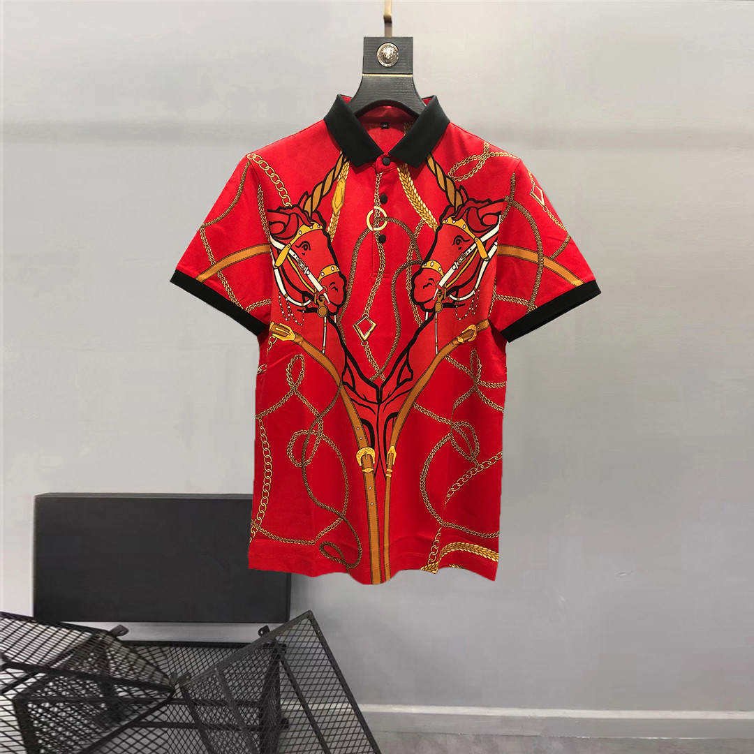 Summer Men's Cotton Polo Shirt Slim Fit Casual Short Sleeve Heavy Print Contrast Color Breathable Cool Knit Top