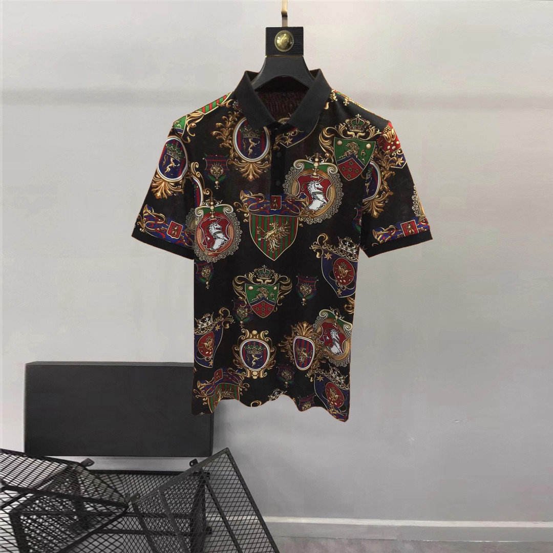 Summer Men's Cotton Polo Shirt Slim Fit Casual Short Sleeve Heavy Print Contrast Color Breathable Cool Knit Top